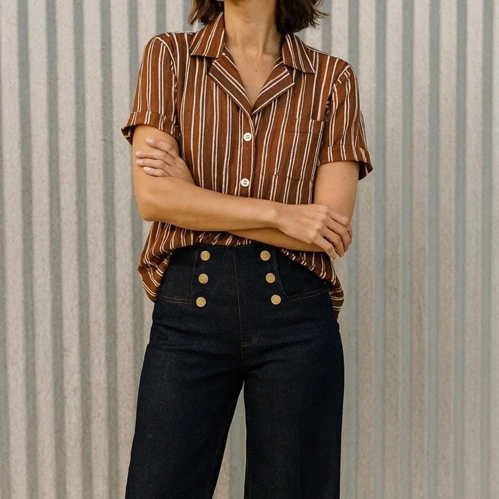 Vintage Christian Dior Brown/White Striped Blouse 90s Designer Womens Top - Picture 4 of 5